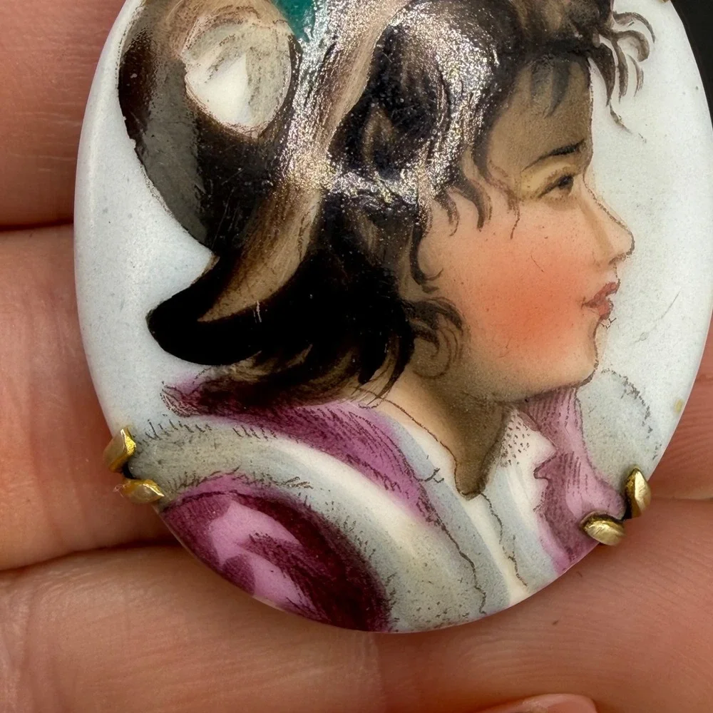 Vintage Victorian Hand Painted Porcelain Brooch Little Girl With Hat
